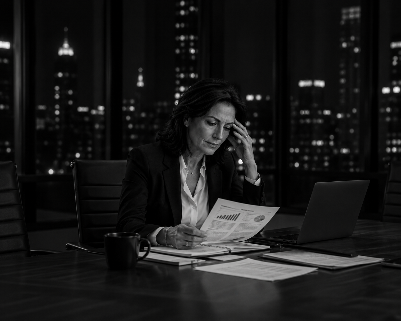 Executive woman alone at desk reviewing materials in the evening