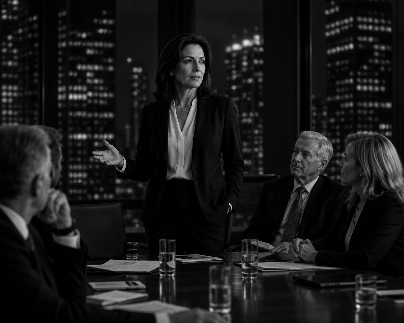 The same executive woman standing and leading a boardroom meeting with natural authority