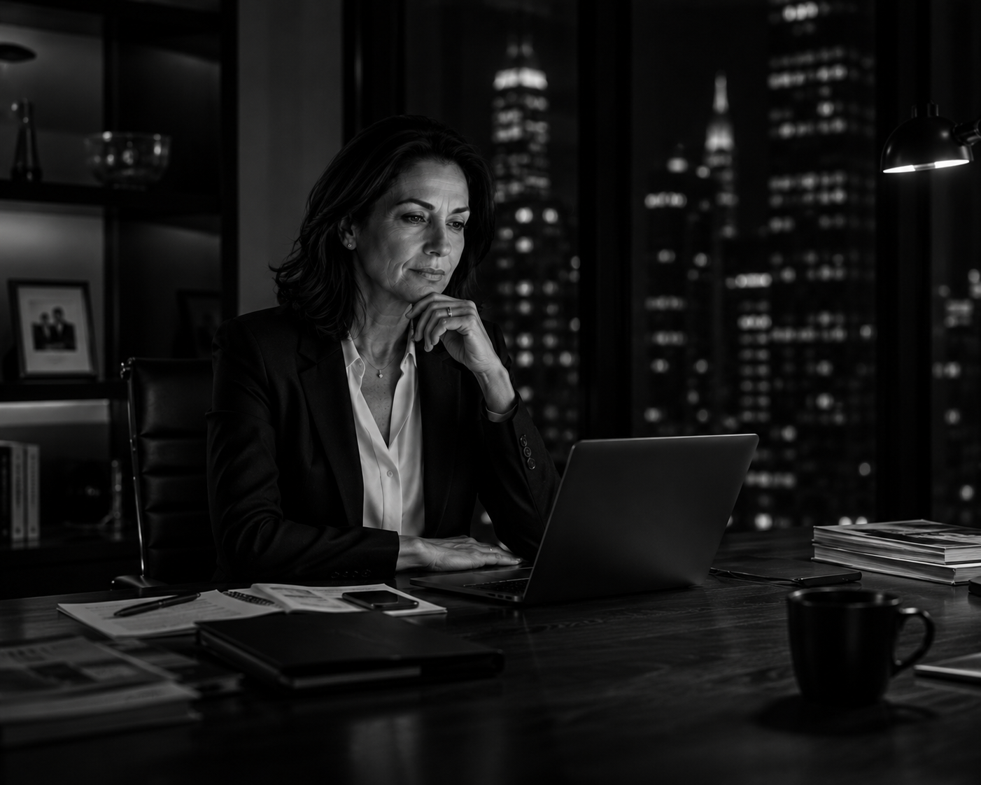 Female executive working late in her office, preparing for a board meeting with city skyline behind her