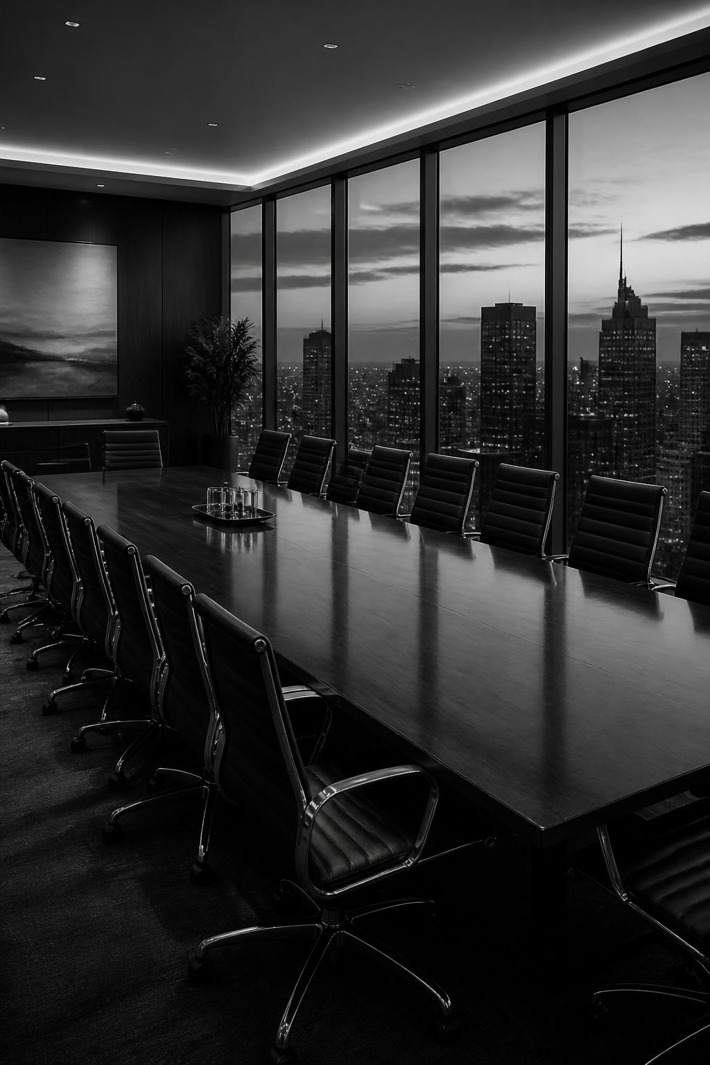 Empty executive boardroom at dusk with city skyline beyond floor-to-ceiling windows