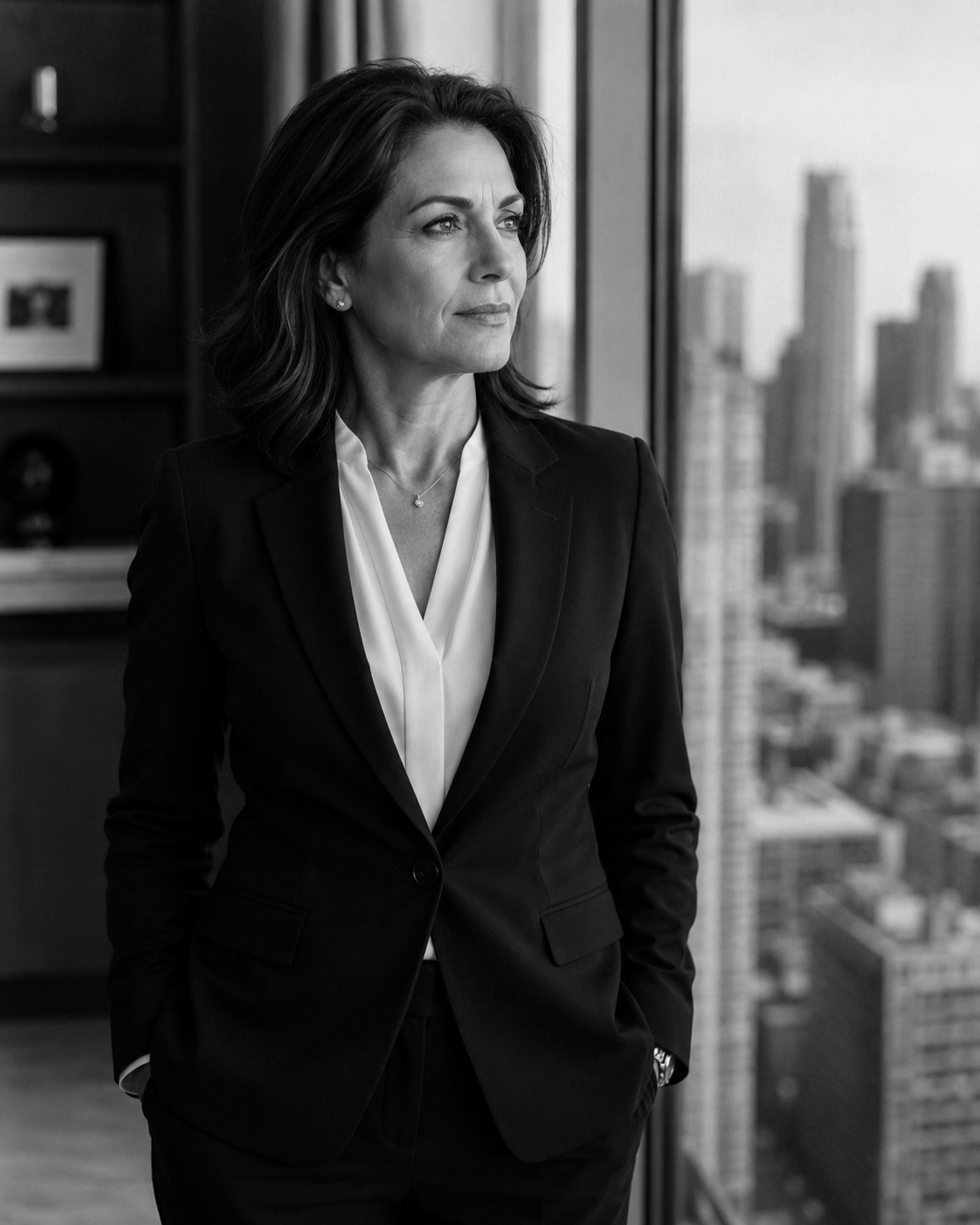 Reflective female executive in navy blazer at a boardroom window overlooking a city skyline