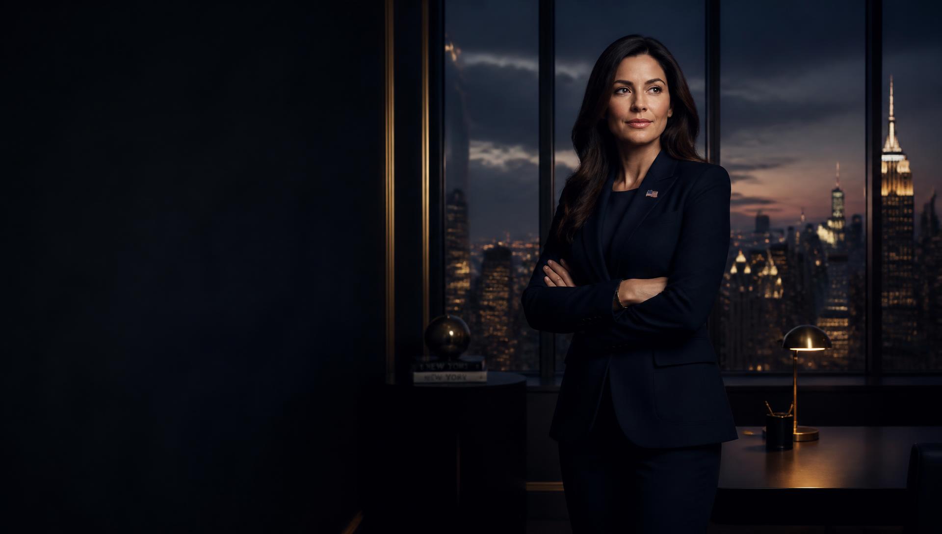 A confident executive standing in a dark office above the New York skyline at dusk